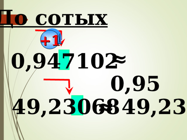 До сотых +1 ≈ 0,95  0,947102 ≈ 4 9,23  49,23068 