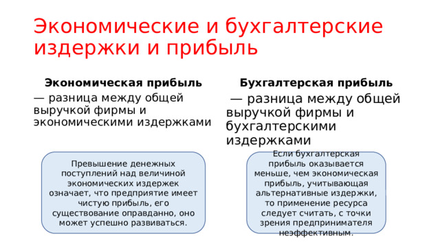 Экономические и бухгалтерские издержки и прибыль Экономическая прибыль Бухгалтерская прибыль — разница между общей выручкой фирмы и экономическими издержками — разница между общей выручкой фирмы и бухгалтерскими издержками Превышение денежных поступлений над величиной экономических издержек означает, что предприятие имеет чистую прибыль, его существование оправданно, оно может успешно развиваться. Если бухгалтерская прибыль оказывается меньше, чем экономическая прибыль, учитывающая альтернативные издержки, то применение ресурса следует считать, с точки зрения предпринимателя неэффективным. 