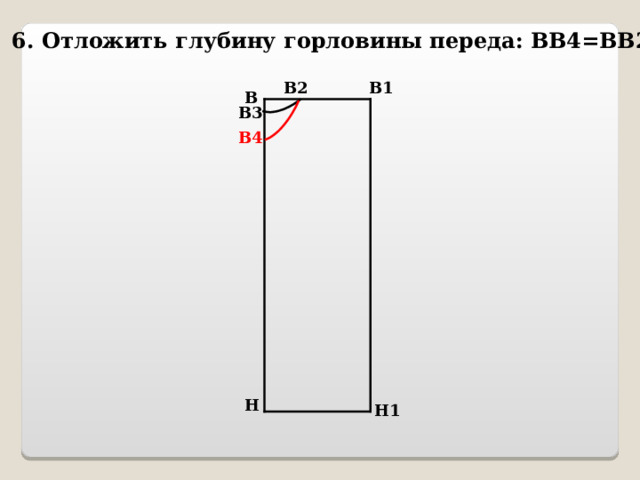 6. Отложить глубину горловины переда: ВВ4=ВВ2+1 В1 В2 В В3 В4 Н Н1 