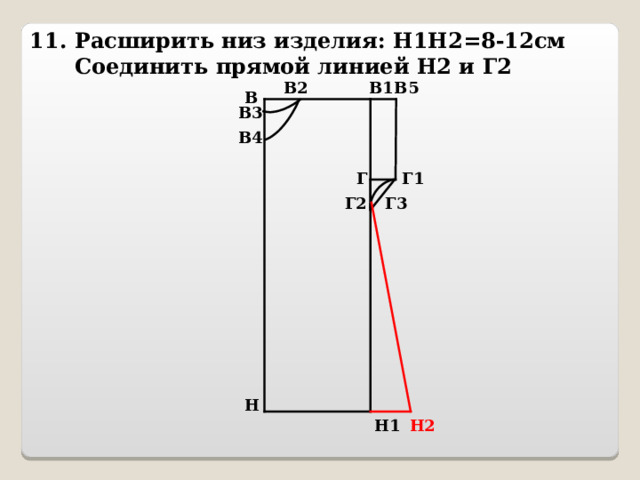 11. Расширить низ изделия: Н1Н2=8-12см  Соединить прямой линией Н2 и Г2 В5 В2 В1 В В3 В4 Г1 Г Г2 Г3 Н Н1 Н2 
