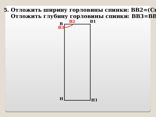 5. Отложить ширину горловины спинки: ВВ2=(Сш:3)+1  Отложить глубину горловины спинки: ВВ3=ВВ2:3 В1 В2 В В3 Н Н1 