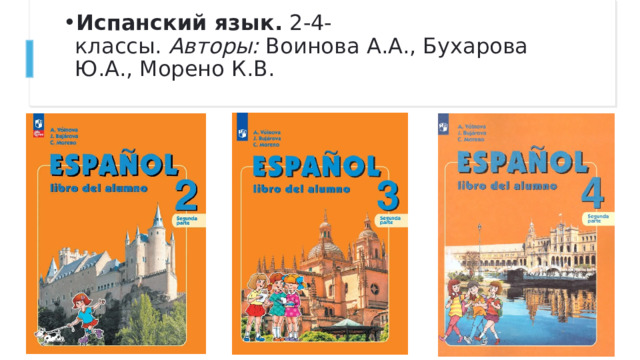 Испанский язык.  2-4- классы.  Авторы:  Воинова А.А., Бухарова Ю.А., Морено К.В.     