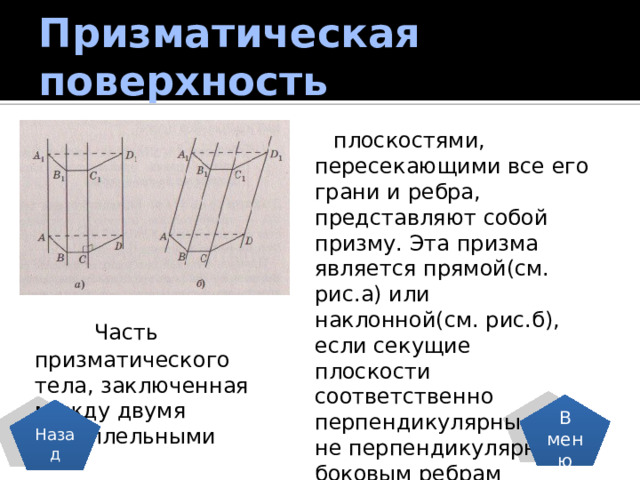 Призматическая поверхность  плоскостями, пересекающими все его грани и ребра, представляют собой призму. Эта призма является прямой(см. рис.а) или наклонной(см. рис.б), если секущие плоскости соответственно перпендикулярны или не перпендикулярны боковым ребрам призматического тела.  Часть призматического тела, заключенная между двумя параллельными В меню Назад 