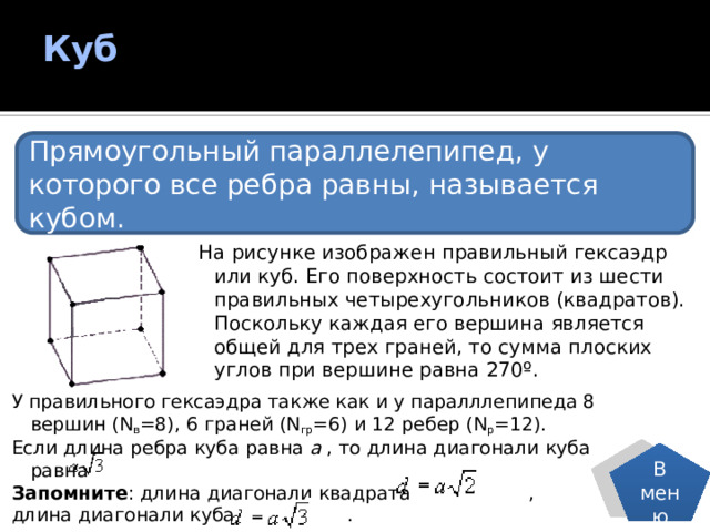 Куб   Прямоугольный параллелепипед, у которого все ребра равны, называется кубом. На рисунке изображен правильный гексаэдр или куб. Его поверхность состоит из шести правильных четырехугольников (квадратов). Поскольку каждая его вершина является общей для трех граней, то сумма плоских углов при вершине равна 270º. У правильного гексаэдра также как и у паралллепипеда 8 вершин (N в =8), 6 граней (N гр =6) и 12 ребер (N р =12). Если длина ребра куба равна a , то длина диагонали куба равна Запомните : длина диагонали квадрата , длина диагонали куба . В меню 