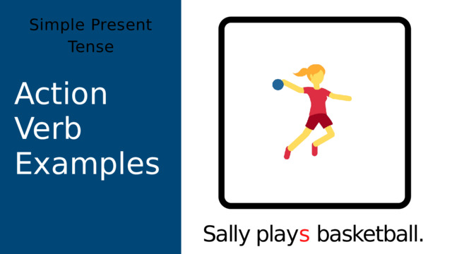 Simple Present Tense Action Verb Examples Sally play s basketball. 