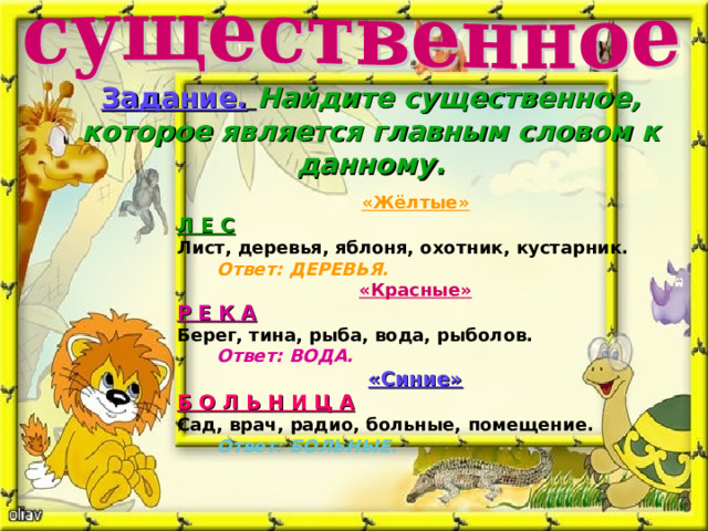 Задание.  Найдите существенное, которое является главным словом к данному. «Жёлтые» Л Е С Лист, деревья, яблоня, охотник, кустарник.  Ответ: ДЕРЕВЬЯ. «Красные» Р Е К А Берег, тина, рыба, вода, рыболов.  Ответ: ВОДА. «Синие» Б О Л Ь Н И Ц А Сад, врач, радио, больные, помещение.  Ответ: БОЛЬНЫЕ. 
