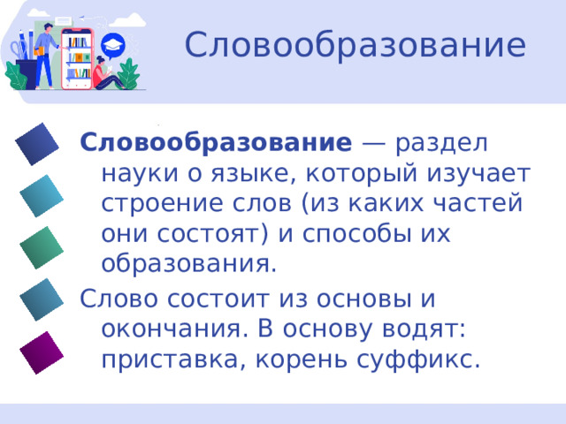 Словообразование Словообразование  — раздел науки о языке, который изучает строение слов (из каких частей они состоят) и способы их образования. Слово состоит из основы и окончания. В основу водят: приставка, корень суффикс. 