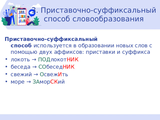 3. Приставочно-суффиксальный способ словообразования Приставочно-суффиксальный способ  используется в образовании новых слов с помощью двух аффиксов: приставки и суффикса локоть →  ПОД локот НИК беседа →  СО бесед НИК свежий →  О свеж И ть море →  ЗА мор СК ий 