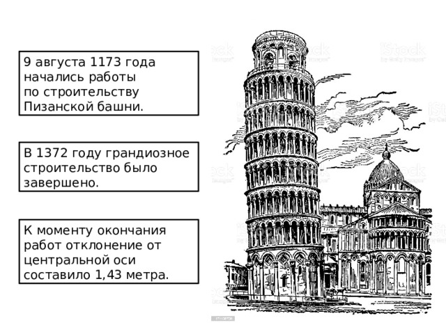 9 августа 1173 года начались работы по строительству Пизанской башни. В 1372 году грандиозное строительство было завершено. К моменту окончания работ отклонение от центральной оси составило 1,43 метра. 