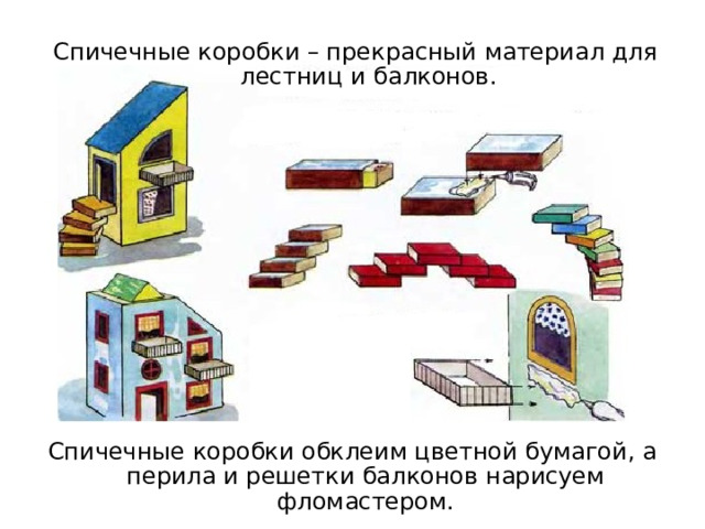 Спичечные коробки – прекрасный материал для лестниц и балконов. Можно использовать как раздаточный материал. Спичечные коробки обклеим цветной бумагой, а перила и решетки балконов нарисуем фломастером.  
