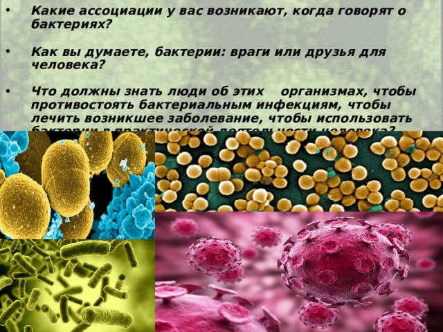  Какие ассоциации у вас возникают, когда говорят о бактериях?  Как вы думаете, бактерии: враги или друзья для человека?  Что должны знать люди об этих организмах, чтобы противостоять бактериальным инфекциям, чтобы лечить возникшее заболевание, чтобы использовать бактерии в практической деятельности человека? 