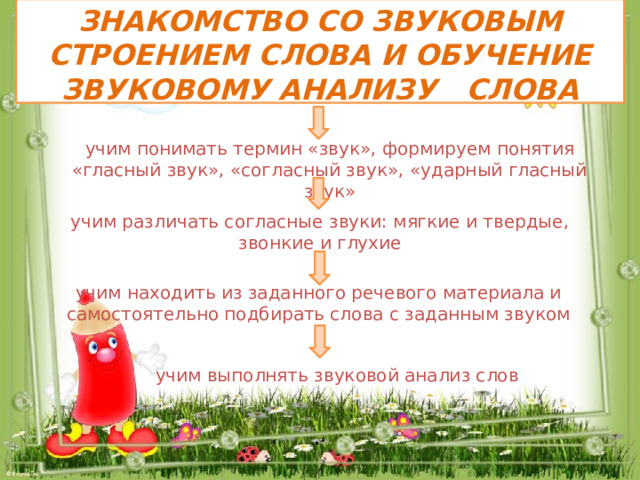 Знакомство со звуковым строением слова и обучение звуковому анализу слова учим понимать термин «звук», формируем понятия «гласный звук», «согласный звук», «ударный гласный звук» учим различать согласные звуки: мягкие и твердые, звонкие и глухие учим находить из заданного речевого материала и самостоятельно подбирать слова с заданным звуком учим выполнять звуковой анализ слов 