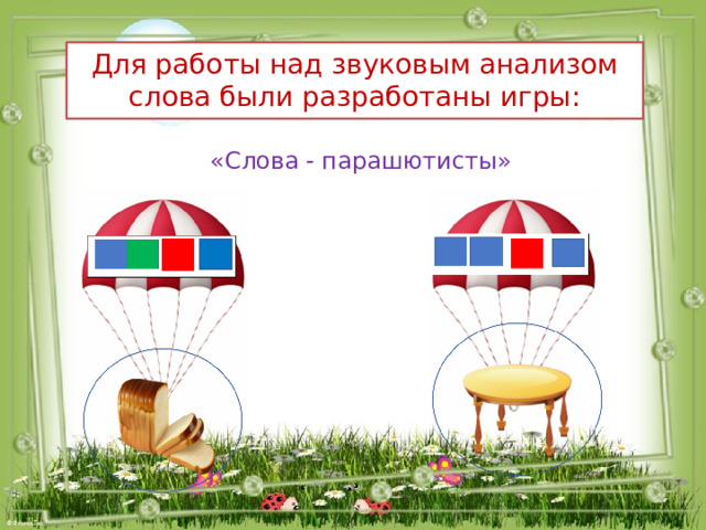 Для работы над звуковым анализом слова были разработаны игры: «Слова - парашютисты» 