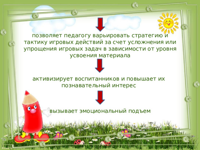 позволяет педагогу варьировать стратегию и тактику игровых действий за счет усложнения или упрощения игровых задач в зависимости от уровня усвоения материала активизирует воспитанников и повышает их познавательный интерес вызывает эмоциональный подъем 