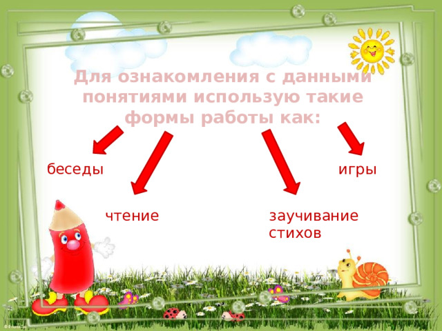 Для ознакомления с данными понятиями использую такие формы работы как: беседы игры чтение заучивание стихов 