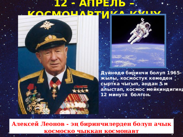 12 - АПРЕЛЬ –КОСМОНАВТИКА КҮНҮ Дүйнөдө биринчи болуп 1965-жылы, космостук кемеден сыртка чыгып, андан 5 м алыстап, космос мейкиндигинде 12 минута болгон. Алексей Леонов - эң биринчилерден болуп ачык космоско чыккан космонавт     