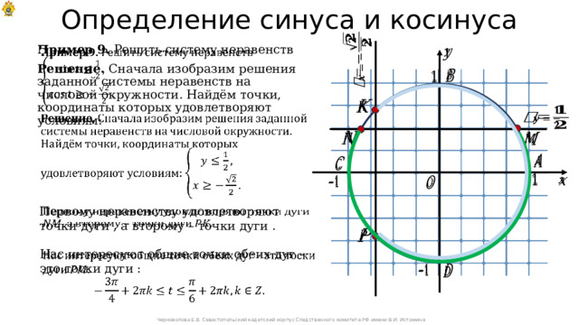 Определение синуса и косинуса   Пример 9. Решить систему неравенств   Решение. Сначала изобразим решения заданной системы неравенств на числовой окружности. Найдём точки, координаты которых удовлетворяют условиям:                             Первому неравенству удовлетворяют точки дуги , а второму – точки дуги .   Нас интересуют общие точки обеих дуг – это тоски дуги :       Черноволова Е.В. Севастопольский кадетский корпус Следственного комитета РФ имени В.И. Истомина 
