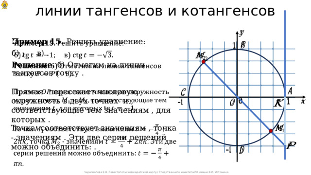 линии тангенсов и котангенсов   Пример 15. Решить уравнение:   б) ; в) . Решение. б) Отметим на линии тангенсов точку .           Прямая пересекает числовую окружность в двух точках и , соответствующие тем значениям , для которых .               Точка соответствует значениям , точка - значениям . Эти две серии решений можно объединить: .           Черноволова Е.В. Севастопольский кадетский корпус Следственного комитета РФ имени В.И. Истомина 