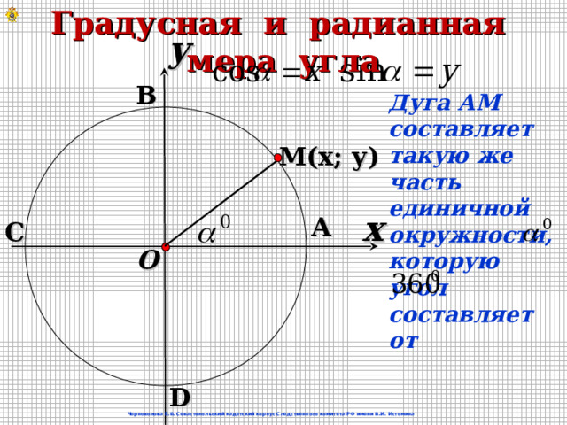 Градусная и радианная мера угла y  В Дуга АМ составляет такую же часть единичной окружности, которую угол составляет от   M (х; у) x А С O D Черноволова Е.В. Севастопольский кадетский корпус Следственного комитета РФ имени В.И. Истомина 3 