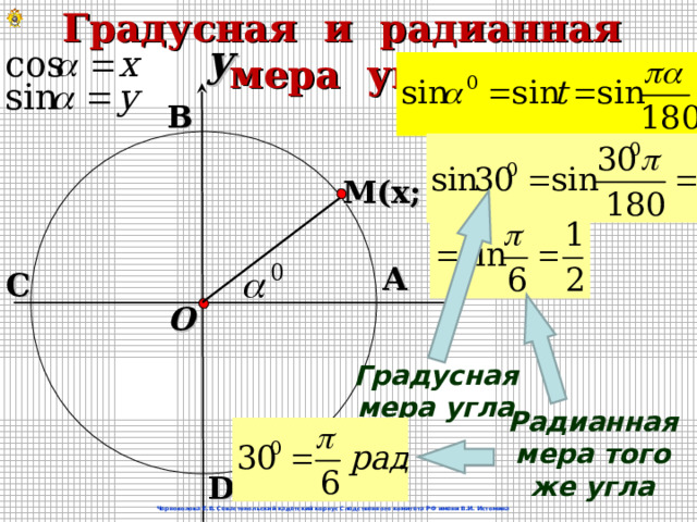 Градусная и радианная мера угла y  В  M (х; у) x А С O Градусная мера угла Радианная мера того же угла D Черноволова Е.В. Севастопольский кадетский корпус Следственного комитета РФ имени В.И. Истомина 6 