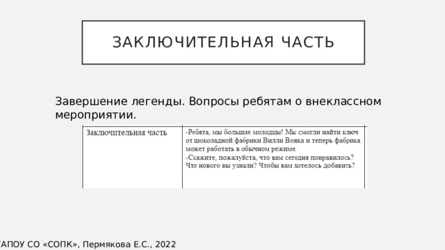 Заключительная часть Завершение легенды. Вопросы ребятам о внеклассном мероприятии. ©ГАПОУ СО «СОПК», Пермякова Е.С., 2022 
