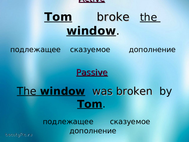 Active    Tom    broke   the   window . подлежащее сказуемое дополнение Passive   The window   was broken   by Tom .   подлежащее  сказуемое дополнение 