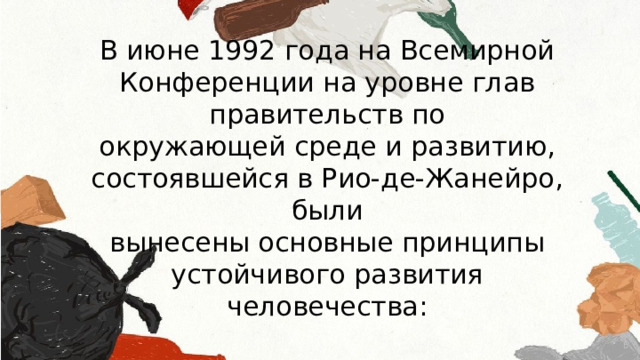 В июне 1992 года на Всемирной Конференции на уровне глав правительств по окружающей среде и развитию, состоявшейся в Рио-де-Жанейро, были вынесены основные принципы устойчивого развития человечества: 