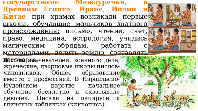 Вместе с первыми древнейшими государствами Междуречья, в Древним Египте, Иране, Индии и Китае при храмах возникали первые школы, обучавшие мальчиков знатного происхождения: письмо, чтение, счет, право, медицина, астрология, учились магическим обрядам, работать с материалами, делить землю, составлять договоры. Школы врачевателей, военного дела, жреческие, дворцовые школы писцов-чиновников. Общее образование вместе с профессией. В Израильско-Иудейском царстве начальное обучение бесплатно и охватывало девочек. Писали на папирусе и глиняных табличках (клинопись). 