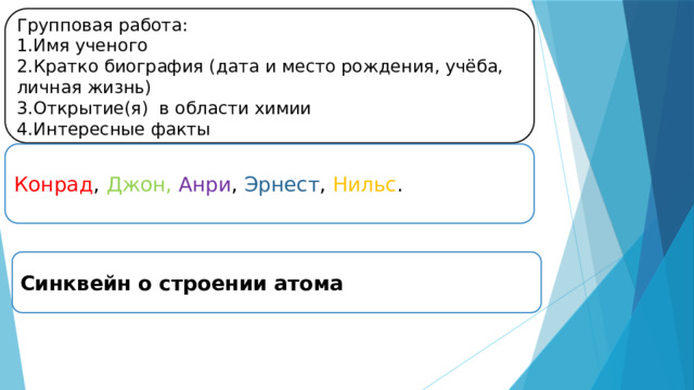 Групповая работа: 1.Имя ученого 2.Кратко биография (дата и место рождения, учёба, личная жизнь) 3.Открытие(я) в области химии 4.Интересные факты Конрад , Джон,  Анри , Эрнест , Нильс . Синквейн о строении атома 