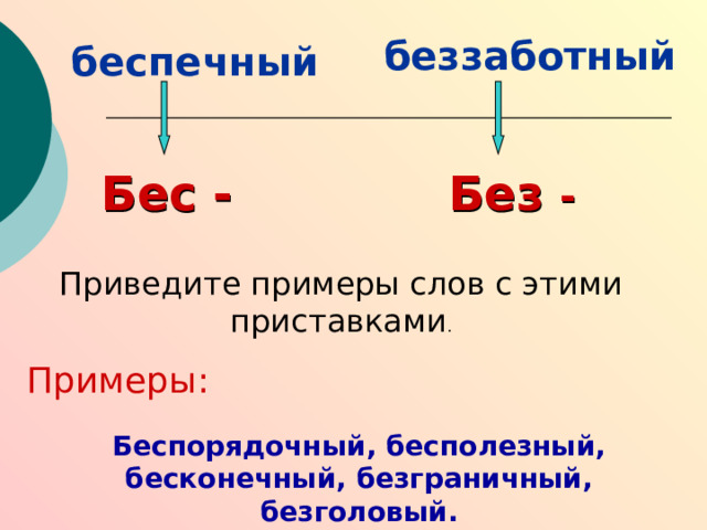 беспечный беззаботный Бес - Без - Приведите примеры слов с этими приставками . Примеры: Беспорядочный, бесполезный, бесконечный, безграничный, безголовый. 