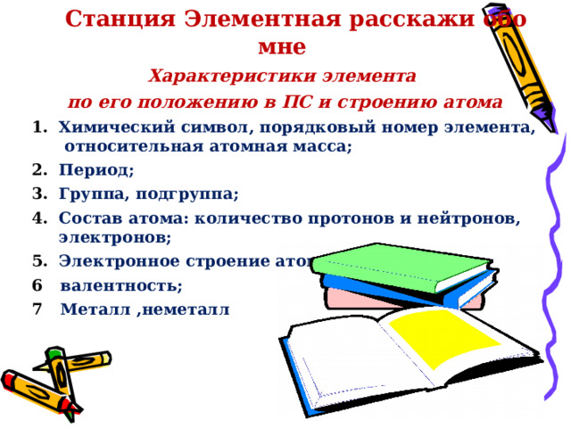    Станция Элементная расскажи обо мне Характеристики элемента по его положению в ПС и строению атома Химический символ, порядковый номер элемента, относительная атомная масса; Период; Группа, подгруппа; Состав атома: количество протонов и нейтронов, электронов; Электронное строение атома валентность; Металл ,неметалл 