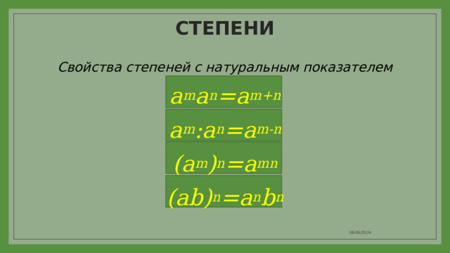 СТЕПЕНИ Свойства степеней с натуральным показателем a m a n =a m+n a m :a n =a m-n (a m ) n =a mn (ab) n =a n b n 06/06/2024 