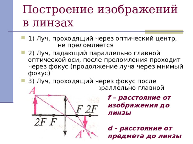 Построение изображений в линзах   1) Луч, проходящий через оптический центр, не преломляется 2) Луч, падающий параллельно главной оптической оси, после преломления проходит через фокус (продолжение луча через мнимый фокус) 3) Луч, проходящий через фокус после преломления, идет параллельно главной оптической оси  f – расстояние от изображения до линзы  d - расстояние от предмета до линзы  