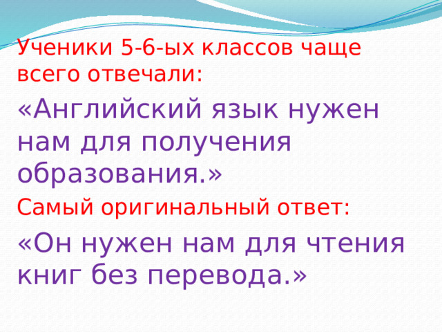 Ученики 5-6-ых классов чаще всего отвечали: «Английский язык нужен нам для получения образования.» Самый оригинальный ответ: «Он нужен нам для чтения книг без перевода.» 
