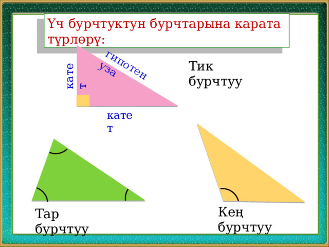 гипотенуза катет Үч бурчтуктун бурчтарына карата түрлөрү: Тик бурчтуу катет Кең бурчтуу Тар бурчтуу 