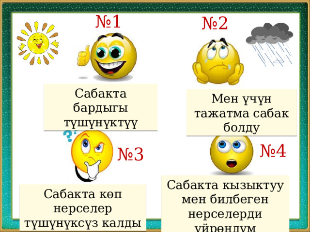 № 1 № 2 Сабакта бардыгы түшүнүктүү Мен үчүн тажатма сабак болду № 4 № 3 Сабакта кызыктуу мен билбеген нерселерди үйрөндүм Сабакта көп нерселер түшүнүксүз калды 