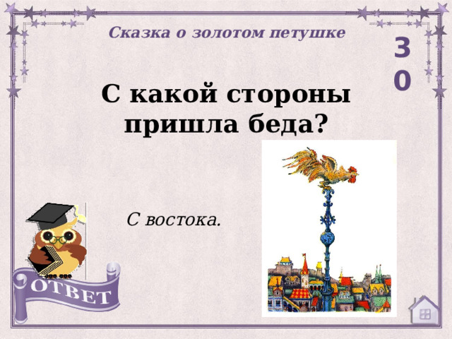 Сказка о золотом петушке 30 С какой стороны пришла беда? С востока. 