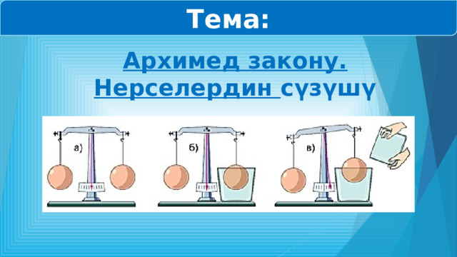 Тема: Архимед закону. Нерселердин сүзүшү 