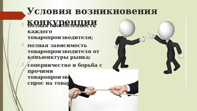 Условия возникновения конкуренции полная обособленность каждого товаропроизводителя; полная зависимость товаропроизводителя от конъюнктуры рынка; соперничество и борьба с прочими товаропроизводителями за спрос на товары и услуги.   
