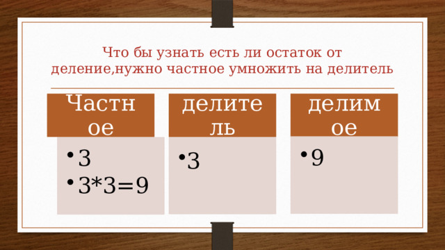 Что бы узнать есть ли остаток от деление,нужно частное умножить на делитель Частное делитель делимое 9 9 3 3 3 3*3=9 3 3*3=9 