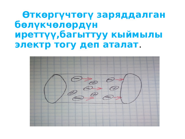  Өткөргүчтөгү заряддалган бөлүкчөлөрдүн иреттүү,багыттуу кыймылы электр тогу деп аталат . 