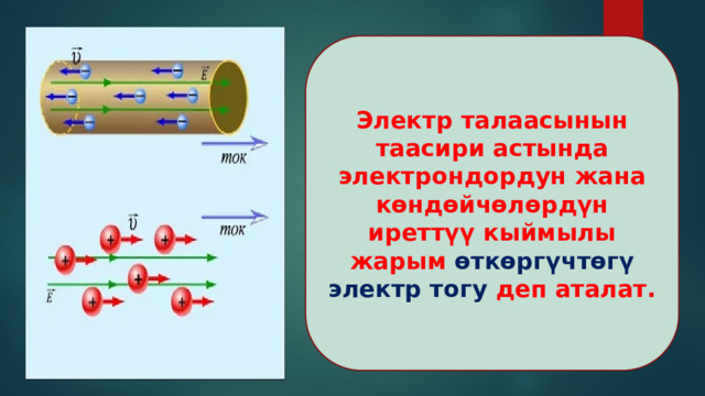 Электр талаасынын таасири астында электрондордун жана көндөйчөлөрдүн иреттүү кыймылы жарым өткөргүчтөгү электр тогу деп аталат. 