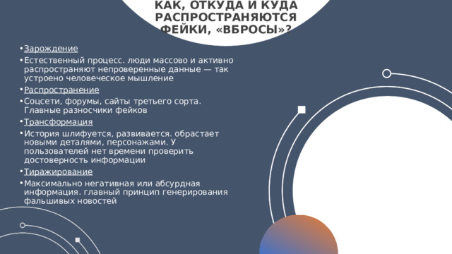 Как, откуда и куда распространяются фейки, «вбросы»? Зарождение Естественный процесс. люди массово и активно распространяют непроверенные данные — так устроено человеческое мышление Распространение Соцсети, форумы, сайты третьего сорта. Главные разносчики фейков Трансформация История шлифуется, развивается. обрастает новыми деталями, персонажами. У пользователей нет времени проверить достоверность информации Тиражирование Максимально негативная или абсурдная информация. главный принцип генерирования фальшивых новостей  