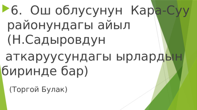 6. Ош облусунун Кара-Суу районундагы айыл (Н.Садыровдун  аткаруусундагы ырлардын биринде бар)  (Торгой Булак) 
