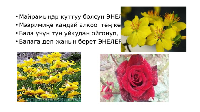 Майрамыңар куттуу болсун ЭНЕЛЕР, Мээримиңе кандай алкоо тең келээр. Бала үчүн түн уйкудан ойгонуп, Балага деп жанын берет ЭНЕЛЕР!!! 