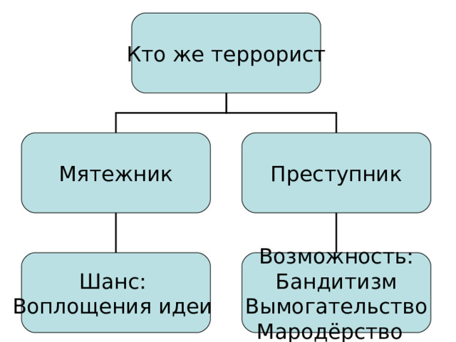 Кто же террорист Мятежник Преступник Шанс: Воплощения идеи Возможность: Бандитизм Вымогательство Мародёрство 