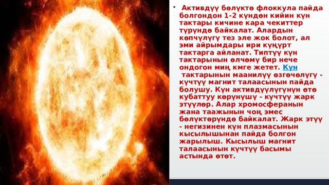  Активдүү бөлүктө флоккула пайда болгондон 1-2 күндөн кийин күн тактары кичине кара чекиттер түрүндө байкалат. Алардын көпчүлүгү тез эле жок болот, ал эми айрымдары ири күңүрт тактарга айланат. Типтүү күн тактарынын өлчөмү бир нече ондогон миң кмге жетет.  Күн  тактарынын маанилүү өзгөчөлүгү - күчтүү магнит талаасынын пайда болушу. Күн активдүүлүгүнүн өтө кубаттуу көрүнүшү - күчтүү жарк этүүлөр. Алар хромосферанын жана таажынын чоң эмес бөлүктөрүндө байкалат. Жарк этүү - негизинен күн плазмасынын кысылышынан пайда болгон жарылыш. Кысылыш магнит талаасынын күчтүү басымы астында өтөт.  