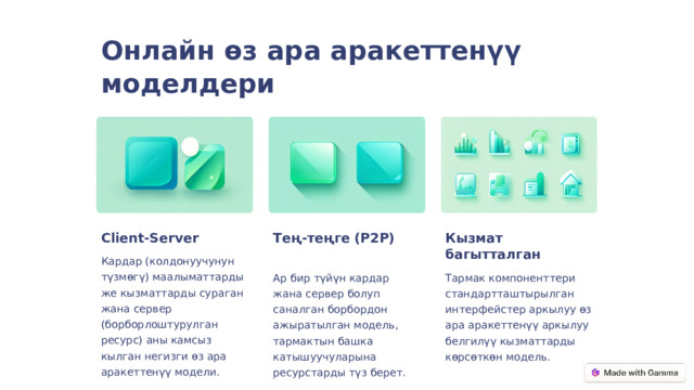 Онлайн өз ара аракеттенүү моделдери Client-Server Тең-теңге (P2P) Кызмат багытталган Кардар (колдонуучунун түзмөгү) маалыматтарды же кызматтарды сураган жана сервер (борборлоштурулган ресурс) аны камсыз кылган негизги өз ара аракеттенүү модели. Ар бир түйүн кардар жана сервер болуп саналган борбордон ажыратылган модель, тармактын башка катышуучуларына ресурстарды түз берет. Тармак компоненттери стандартташтырылган интерфейстер аркылуу өз ара аракеттенүү аркылуу белгилүү кызматтарды көрсөткөн модель. 