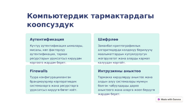  Компьютердик тармактардагы коопсуздук Аутентификация Шифрлөө Күчтүү аутентификация ыкмалары, мисалы, көп факторлуу аутентификация, тармак ресурстарын уруксатсыз кирүүдөн коргоого жардам берет. Заманбап криптографиялык алгоритмдерди колдонуу берилүүчү маалыматтардын купуялуулугун жогорулатат жана аларды кармап калуудан коргойт. Firewalls Интрузияны аныктоо Туура конфигурацияланган брандмауэрлер корпоративдик системаларга жана ресурстарга уруксатсыз кирүүгө бөгөт коёт. Тармакка кирүүлөрдү аныктоо жана алдын алуу системалары мүмкүн болгон чабуулдарды дароо аныктоого жана аларга жооп берүүгө жардам берет. 