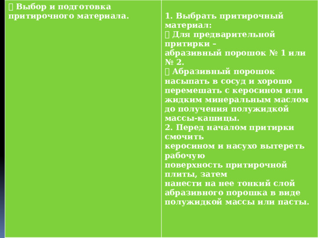  Выбор и подготовка притирочного материала.  1. Выбрать притирочный материал:  Для предварительной притирки – абразивный порошок № 1 или № 2.  Абразивный порошок насыпать в сосуд и хорошо перемешать с керосином или жидким минеральным маслом до получения полужидкой массы-кашицы. 2. Перед началом притирки смочить керосином и насухо вытереть рабочую поверхность притирочной плиты, затем нанести на нее тонкий слой абразивного порошка в виде полужидкой массы или пасты. 